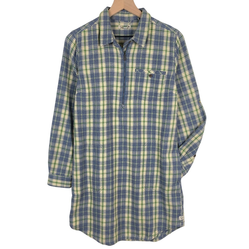 TOAD&CO Bodie Plaid Quarter Zip Flannel Shirt Dress Sz S Blue Green L/S Zip EUC